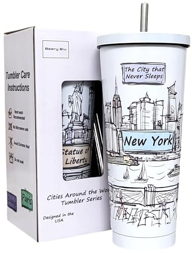 Beary Blu Cities Around the World - Vaso aislado al vacío con tapa y popote, de acero inoxidable, 25 onzas, diseñado en los Estados Unidos, para bebidas frías y calientes (Nueva York)