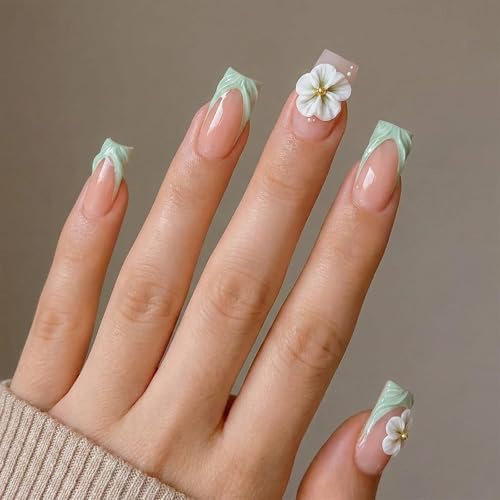 24-Piece Square Press-On Nails Set with 3D Floral Wave Design and Glossy Jelly Finish - Short False Nails Featuring Nude Pink Base, Light Mint Green Tips, White Flowers and Adhesive Tabs for Women