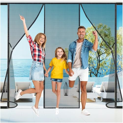 Zanzariera Magnetica Doppia Apertura 140x190cm(55x75in) - 3 Ante per Porta Finestra, Balcone - Chiusura Automatica con Nastro Aggancio nero