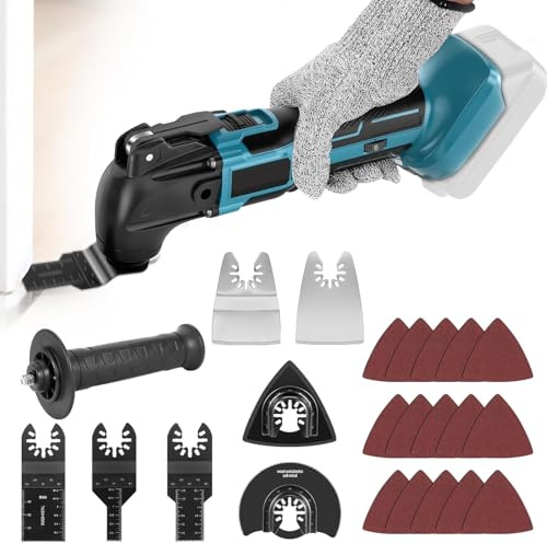 Utensile multifunzione oscillante senza fili compatibile con Makita 18V | senza batteria, 6 velocità variabili, set accessori 23 pezzi per tagliare, levigare, raschiare