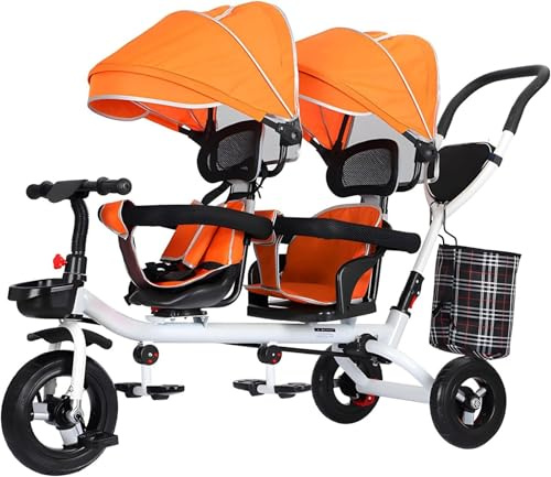Tricycle Stroller, 4 in 1 Folding Kids Trike,Double Lightweight Child Wheel Tricycle Bike,with Passenger Seat, Removable Extended Handles,with Brake,Reversible seat(Orange)