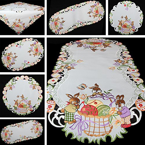 Quinnyshop Frühling Osterhasen Bunte Ostereier Stickerei Tischdeckchen 20 cm Rund Polyester, Weiß
