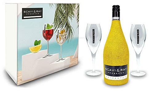 Scavi & Ray Bling Bling Gold Glitzer Giftbox Geschenkset - Scavi & Ray Prosecco Frizzante 0,75l (10% Vol) + 2x Prosecco Gläser -[Enthält Sulfite]