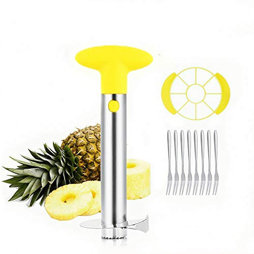 OITUGG Pineapple Cutter Slicer and Corer, with 8 Pcs Fruit Forks and Slices Cutter, Pineapple Corer with Thicker Sharp Blade, Easy to Romove Pineapple Corer and Pineapple Peels, Yellow
