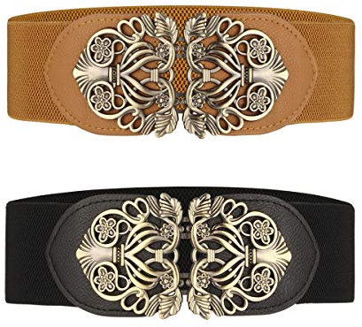 lalafancy Damen Breit Elastische Taillengürtel 2 Stück Retro Damen Stretch Taille Kleid Gürtel (Schwarz & Braun)