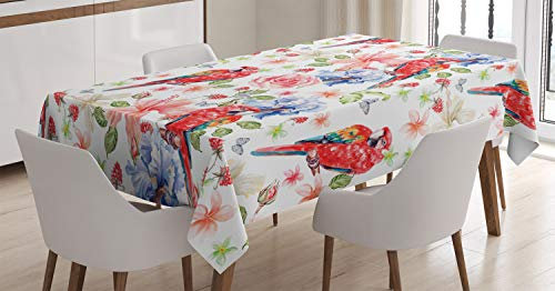 ABAKUHAUS Bunt Tischdecke, Papageien Iris und Rosen, Für den Inn und Outdoor Bereich geeignet Waschbar Druck Klar Kein Verblassen, 140 x 170 cm, Mehrfarbig