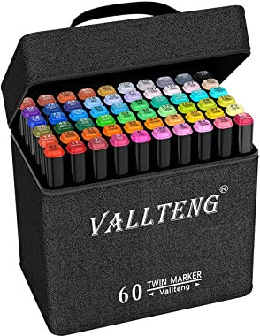 Vallteng 60 Colors Graphic Marker Pen Dual Tip Sketch Pen Twin Marker Double Ended Finecolour Sketch Marker Broad and Fine Point Tip with Black Bag