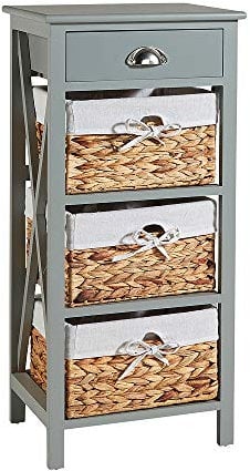 Home Source Bedside Table Storage Cabinet, Wooden Slim Chest with Water Hyacinth Basket Organiser, Grey, 3 Drawer