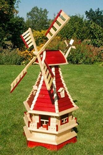 XXL Premium Solar Windmühle Holz 130cm rot kugelgelagert Garten Deko
