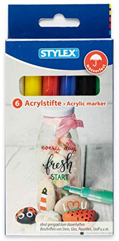 Stylex 32817 - Acrylstifte, 6 Stück, in den Farben gelb, rot, blau, grün, schwarz, weiß, Strichstärkte 1 - 2 mm, in praktischer Faltschachtel, zum dauerhaften Beschriften von Stein, Glas und Stoff