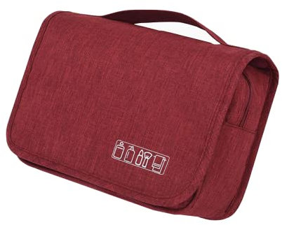 Kulturbeutel für Reisen, hängende Reisetasche, mehrere Fächer zum Organisieren persönlicher Gegenstände, Metallhaken zum Aufhängen, Rotwein