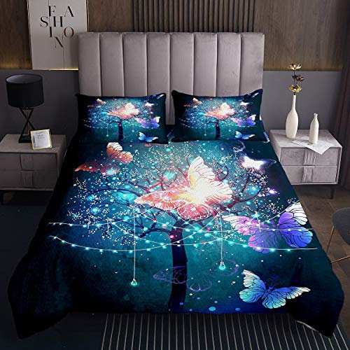 Tbrand Schmetterlinge drucken Steppdecke Fliegende Insekten Tagesdecke 240x260cm für Kinder Jugendliche Bunter Baum Bettüberwurf Glitzer Laterne Verträumt Wohndecke 3St