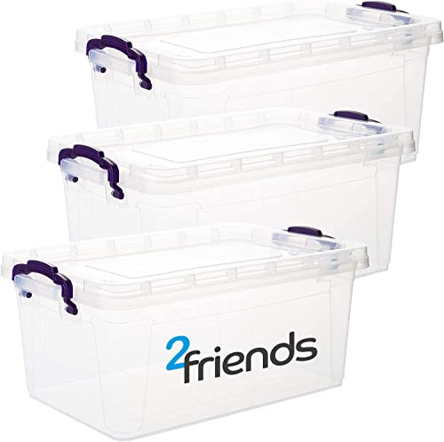 Aufbewahrungsbox mit Deckel, 3 Stück Aufbewahrungsboxen, 22 Liter Boxen Aufbewahrung, Transparent Plastikbox mit Deckel, Made in EU, Model: Mia, Kisten Aufbewahrung mit Deckel und lila Griffen
