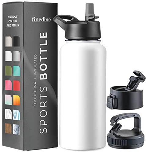 FineDine Triple Walled, Insulated Water Bottles with Straw - 32 Oz Stainless Steel Metal Bottle W/ 3 Leak Proof Lids - For Travel, School, Sports, Gym/Men, Women & Kids - Pure Pearly White