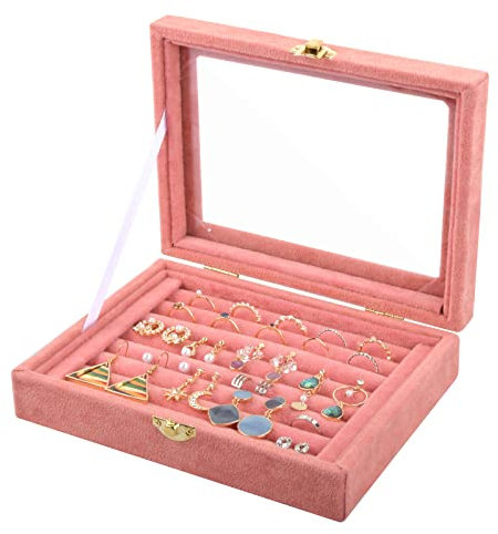 Fangehong 7 Slots Jewellery Box for Ring Earring, Velvet Jewelry Display Tray, Jewelry Storage Case Organiser with Clear Glass Lid for Women Girls Stud Earring Holder (15x20cm, Pink)