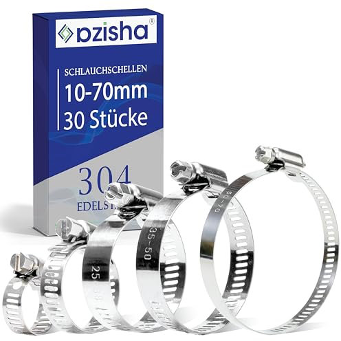 AZISHA Schlauchschellen Set 10-70mm 30 Stücke - 304 Rostfrei Edelstahl Schlauchschellen - Einstellbare W4 Schraubschelle, Schlauchklemmen Set für Pool, Garten, Gas, Wasser, Waschmaschine