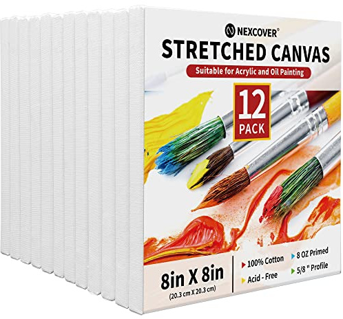 NEXCOVER Stretched Canvas - 12 Pack 8x8 Inch, 5/8” Profile, 100% Cotton Art Canvas, Triple Primed White Blank Canvases, Acid-Free, Artist Painting Canvas for Acrylic, Oil, Tempera, Gouache Paint
