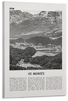 St. Moritz Druck Schwarz und Weiß, St. Moritz Wandkunst, St. Moritz Poster, St. Moritz Foto, Sankt Morit Posterdruck für Teenager, Jungenzimmer, Wandkunst, Leinwand, Gemälde, Druckrahmen, 40 x 60 cm