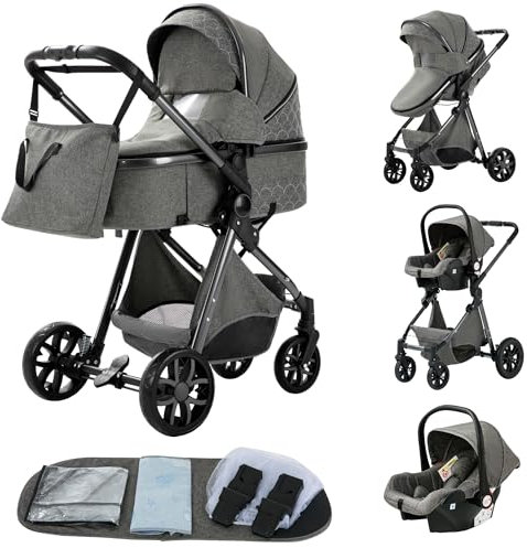 YAZOCO kinderwagen 3 in 1 Buggy Babybett Komplett Set Einem Klick Zusammenklappbarer Kinderwagen, KombiKinderwagen Aluminiumrahmen für Neugeborene Sitzzubehör (4 Dunkelgrau)