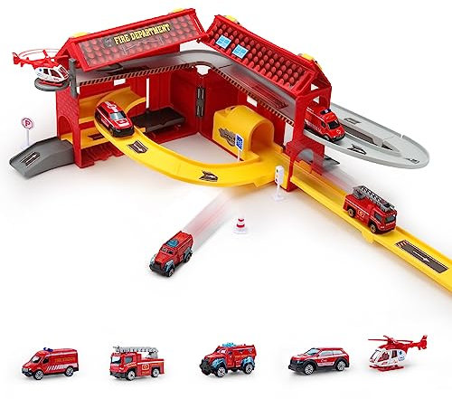 Rhybor Toy Car Garage Kids Cars Track Toys Set, Educational Toys Car RampTrack Toy Set, Includes 3 Mini Fire Truck Rail Car Toy Garages for 3 4 5 6 7 8 Year Old Boys Girls Car Gift, (XG879-131)
