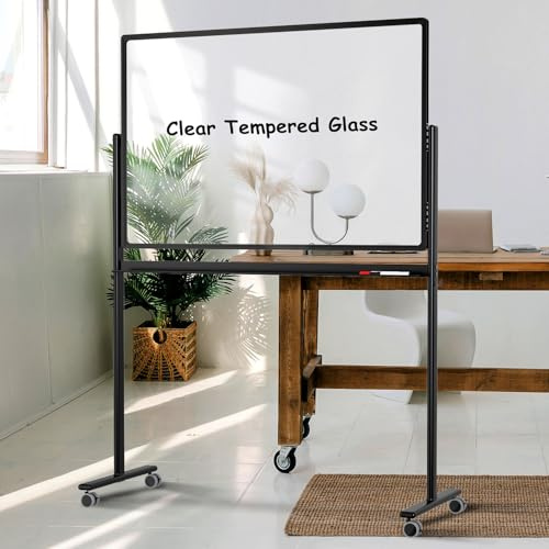 Whiteboard höhenverstellbar, 48 x 32 cm, klares Glas, mobiles Whiteboard auf Rollen, groß, doppelseitig, rollbar, trocken abwischbar, mit Ständer, Staffelei-Stil für Büro, Klassenzimmer, Schule,