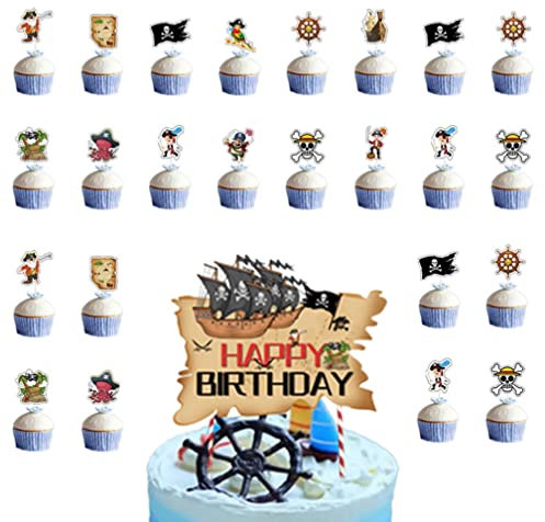 Guoguonb 25 Stück Piratenthema Party Deko Pirate Boot Cake Toppers Happy Birthday Cake Toppers Piraten Kuchen Topper Cupcake für Piraten Themenorientierte Geburtstags