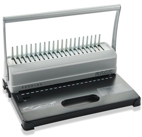 FOSHISY Kammbindemaschine, 21 Löcher, 450 Blatt Kapazität, Papierstanzer-Maschine, Starter-Set mit 50 Stück 12 mm Binderücken für A4, A5 oder kleinere Größen