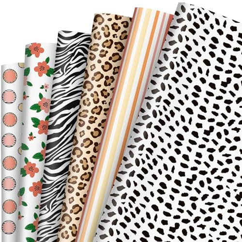 Whaline 12 Blatt Safari Geschenkpapier Wildblume Leopard Zebra Print Geschenkpapier Bulk Dekorative Kunst Papier für DIY Handwerk, 50 x 70 cm, flach gefaltet