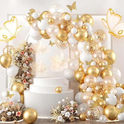 Luftballon Girlande Gold Weiß mit Schmetterlings Aufkleber, 104 Stück Weiß Transparent Gold Ballon Girlande mit Gold Konfetti Ballons für Hochzeit, Geburtstag, Babyparty, Geschlecht Reveal Dekoration