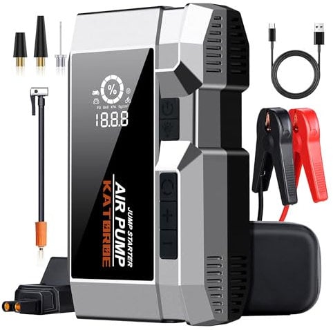 KATOROE 4000A Booster Avviatore Batteria Auto con Compressore 150PSI Starter Batteria Portatile Jump Start Auto con LED/LCD Booster Jump Box