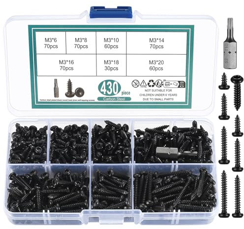 430 Pcs M3 Torx Head Screws Kit (6-20mm Length), Carbon Steel Self-Tapping Wood Screws Assortment, Round Pan Head for Furniture & Wood Repair - Black