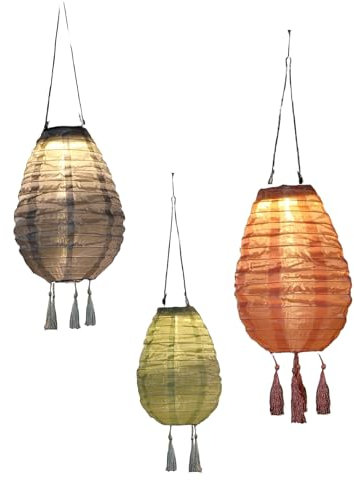 NOMA Solar Mandarin Lantern, Small Oval with Tassels, 20 cm, Colour May Vary (Pack of 1), Grey/Light Green/Rose