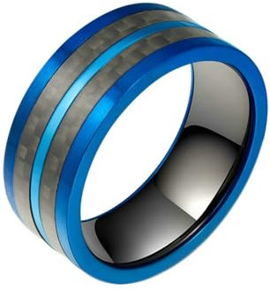 Stfery Edelstahlring Herrren, 8mm Ringe Blau Schwarz Kohlefaser Zweifarbig Verlobungsring Mann