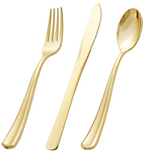 Lot de 30 couverts en plastique doré - Ustensiles en plastique résistants pour fête et mariage - Couverts réutilisables en plastique - 10 fourchettes, 10 cuillères, 10 couteaux (doré)