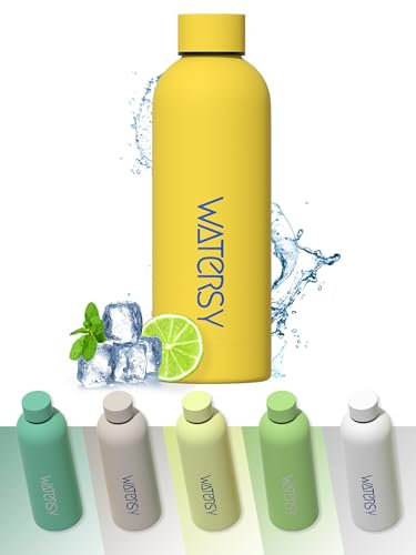 WATERSY Botellas de Agua Termica 500 ml, Botella de Agua para Niños, 17oz Taza Termica, Sin BPA, Fría y Caliente con Doble Vacío, para Escuela, Deporte, Gimnasio, Oficina (Amarillo)