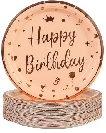DHAIQC Lot de 50 Assiette Jetable Anniversaire 18cm, Rose Vaisselle Jetable Anniversaire Assiettes Dessert Assiette Carton pour Barbecue Camping Mariages Fête Anniversaire (Anniversaire Rose, 18CM)
