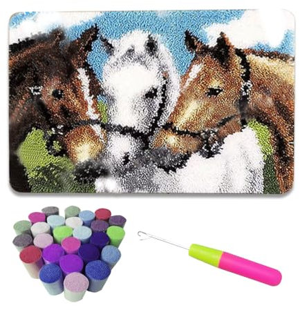 hifrom Knüpfteppich Zum Selber Knüpfen, DIY Knüpfhaken Teppich Set, Latch Hook Kit, Kreuzstich Set für DIY Handwerk Geschenke, Fußabtreter, 3 Pferd