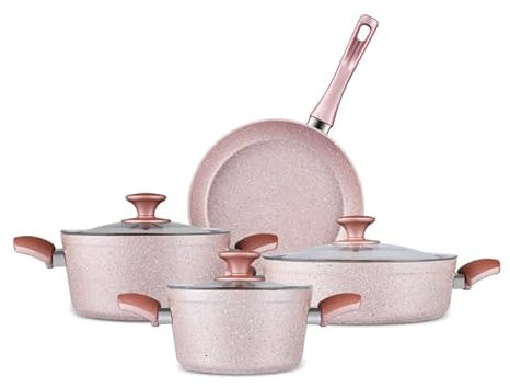 Karaca Bio Granite Induction Cookware Set with Lids - Non Stick Pots and Pans Sets - Durable for Enhanced Cooking Experience - PFOA Free (7 Piece, Rosegold)