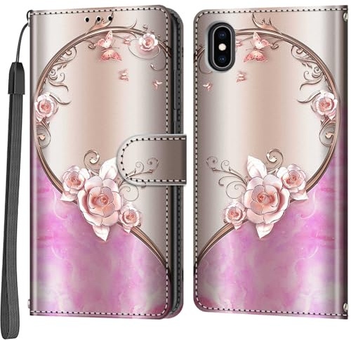 Salanheo Wallet Case for iPhone X/XS, pink rose | Card Slots, Kickstand, Shockproof, Magnetic Closure, PU Leather, Flip Wallet Book, Lanyard Strap
