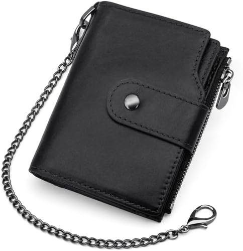 Portefeuille Homme en Cuir Véritable Petit Porte Monnaie RFID Blocage Porte Feuille pour Homme avec chaîne,Bifold Portefeuille pour Homme avec 19 Porte Carte Crédit et zippée Poche à Monnaie (Noir)