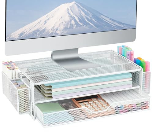 AUPSEN Computer-Monitor-Ständer, 2-stöckig, Schreibtisch-Organizer und Zubehör, Büro-Schreibtisch-Zubehör-Organizer mit Schubladen und 2 Stifthaltern für Bürobedarf (weiß)