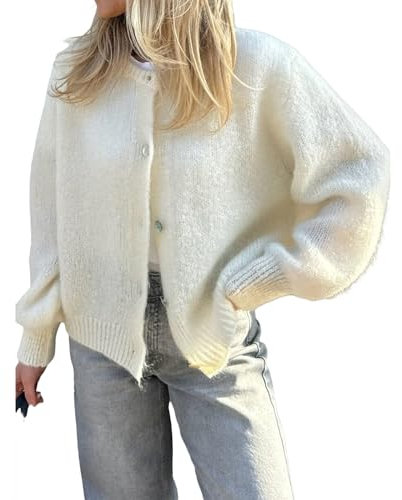 Geagodelia Damen Strickjacke Elegante Langarm Strick Cropped Cardigan Pullover Strickpullover Strickweste Y2k Sweater Knitted Top Herbst Frühling (A - Weiß, S)
