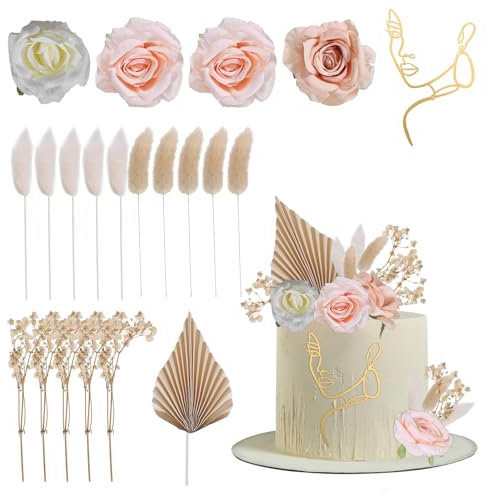 21 Stück Acryl Lady Face Torten Deko - Vintage Künstliche Rosen Blumen Blätter Kuchen Topper Dekor Acryl Minimalistische Kunst Dame Gold Gesicht Kuchen Topper Boho Tortendeko Dekoration