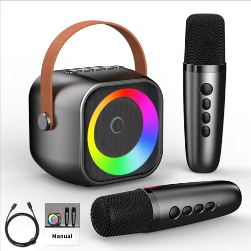 Machine à karaoké pour enfants et adultes, mini microphone de karaoké portable avec 2 micros sans fil et lumière, jouets pour tous les smartphones (noir)