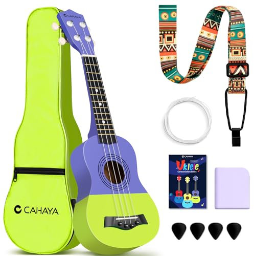 CAHAYA Ukulele soprano con custodia per bambini principianti: ukulele in tiglio con macchina geared, cinghia, note, corde, panno per la pulizia, 4 plettri, 21 pollici viola verde