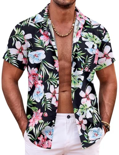 COOFANDY Hawaiihemd Herren Sommer Kurzarm Baumwolle Blumen Hemd Floral Strandhemd Button Down Bügelfrei Hawaii Shirt Schwarze Blumen M