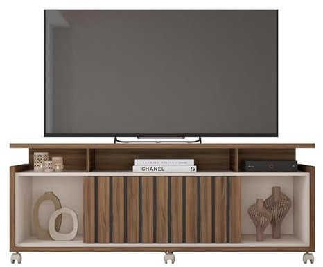 ACTUAL DIFFUSION Meuble TV 65 Pouces Noyer et Blanc 7 Niches 6 roulettes L 160 H 63.4 P 38 cm