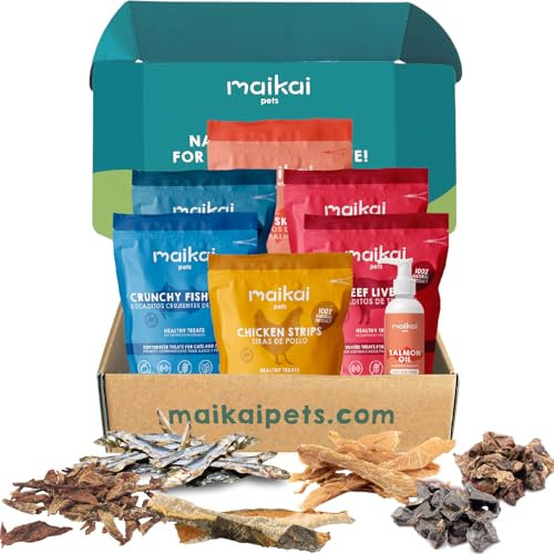 MAIKAI 7 Sacchetti Premietti Snack Cani Naturali - Olio di Salmone 250ml +Masticativi Lunga Durata + Orecchie di Maiale + Nervo di Bue -BARF Cane - Regalo Perfetto