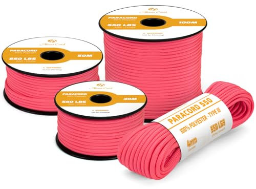 Abma Cord Paracord 4mm 30m Schnur Typ III Paracord 550 Seil 7 Kern für Outdoor, Camping, Survival, Basteln, Armband - Max. 250kg - Neon Pink