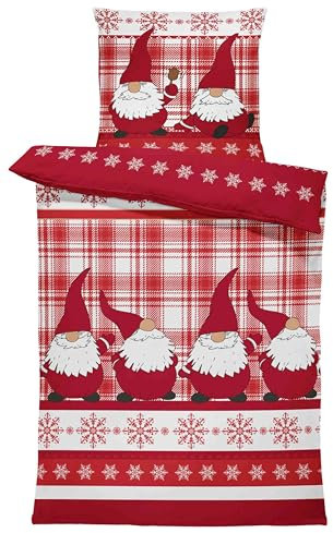 one-home 4 teilig Biber Winter Bettwäsche 135x200 cm Wichtel Weihnachten Warm Baumwolle